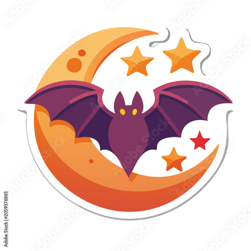 Purple Bat with Moon and Stars Illustration