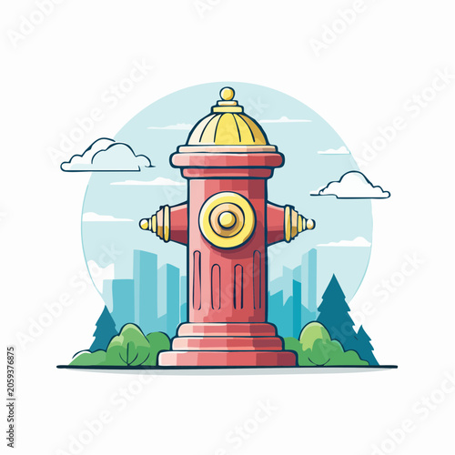 Red Fire Hydrant Illustration with Cityscape Background