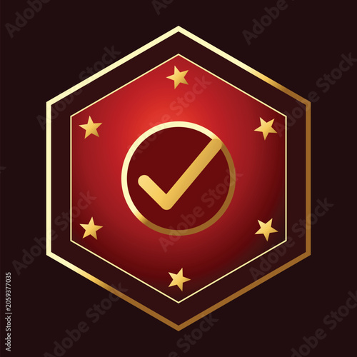 Bild auf Leinwand Premium Gold and Red Hexagonal Quality Badge Icon with Checkmark and Stars