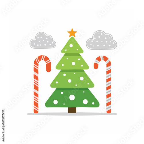 Flat design Christmas tree with candy canes and snow clouds