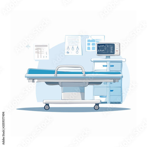 Flat design illustration of a hospital bed with medical equipment