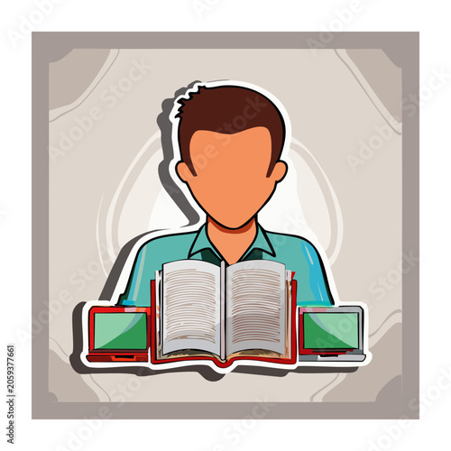 Man reading book with laptops in flat design illustration