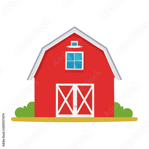 Red Barn with White Trim in Flat Design Style