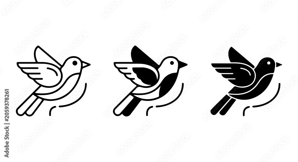 Fototapeta premium Flying Bird Icons Set, Simple Silhouette and Outline Styles, Vector Graphics for Nature and Freedom Concepts