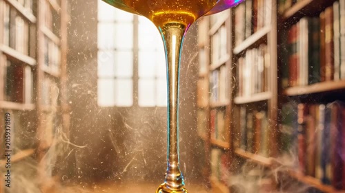 A close-up of a wine glass stem with a library background