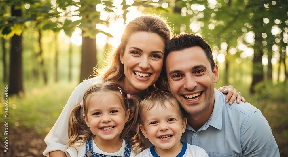 Fototapeta premium Happy family of four enjoying a sunny day outdoors.