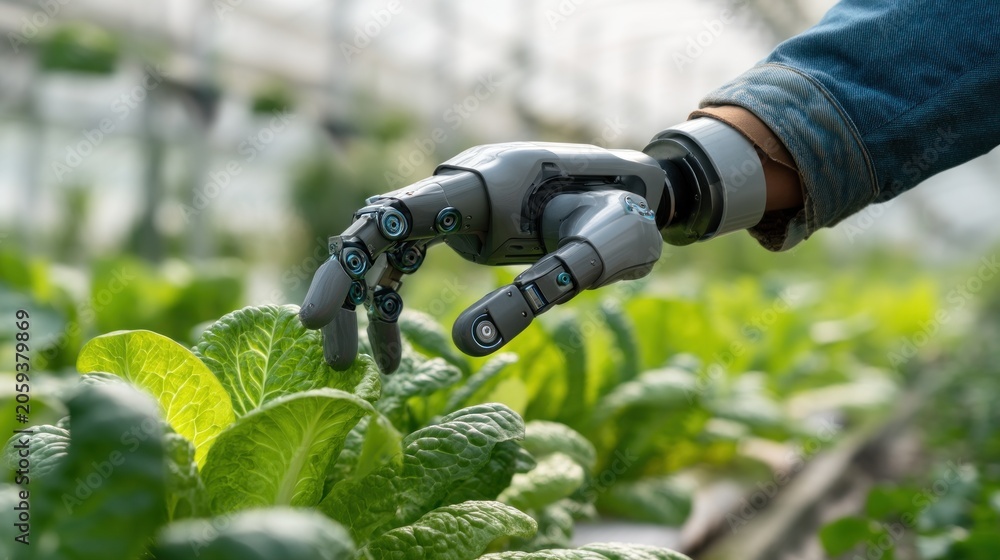 Fototapeta premium Robot hand tending fresh green lettuce