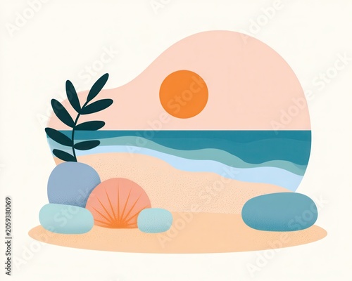 Mindful Beach Retreat Abstract Coastal Landscape in Pastel Minimal Style