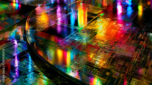 Silicon Wafer Technology – Iridescent Semiconductor Chip Surface with Advanced Microprocessor Circuits