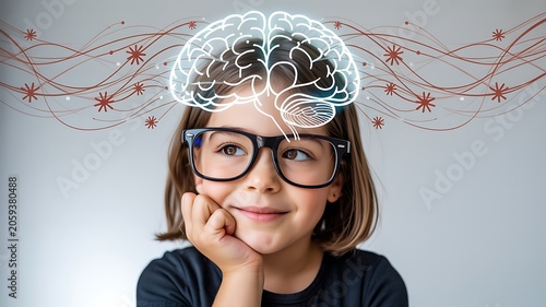 Curious child learning neuroscience with creative brain development concept