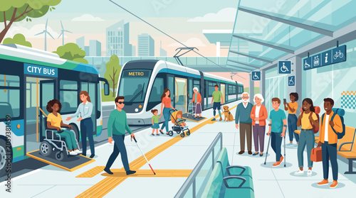 Accessible public transportation hub with inclusive city bus and metro train featuring diverse people with disabilities and elderly commuters in modern city.