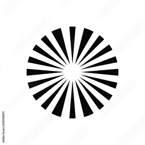 A black and white sunburst or radial starburst with many thin sharp rays emanating from a center point on a white background for