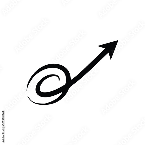 A black hand-drawn style arrow symbol with a circular swirl at the base, isolated on a clean white background
