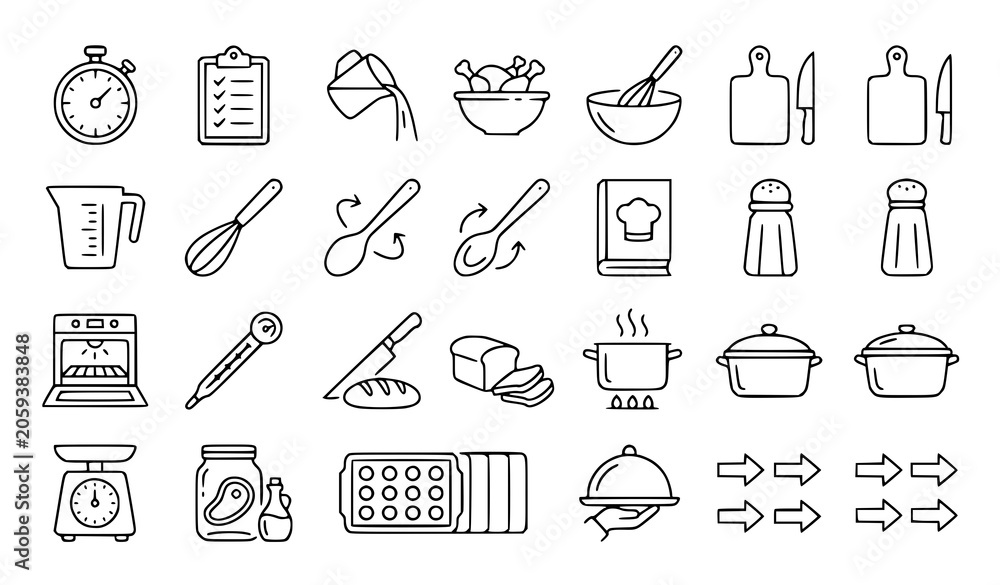Naklejka premium Black line icons for cooking and kitchen utensils on white background