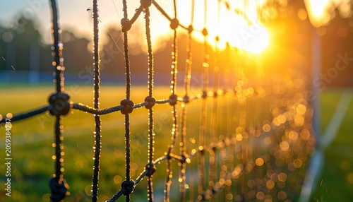 Sunset Over Soccer Goal Nets on Field.
