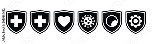Foto Health shield protection icon set, antibacterial and immune defense symbols, medical care shield, red cross, heart and virus vector illustration set