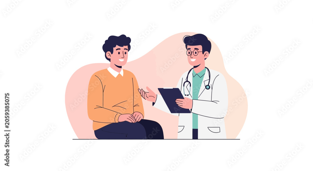 Obraz premium Doctor consults patient, holding clipboard with stethoscope around neck, modern flat illustration style