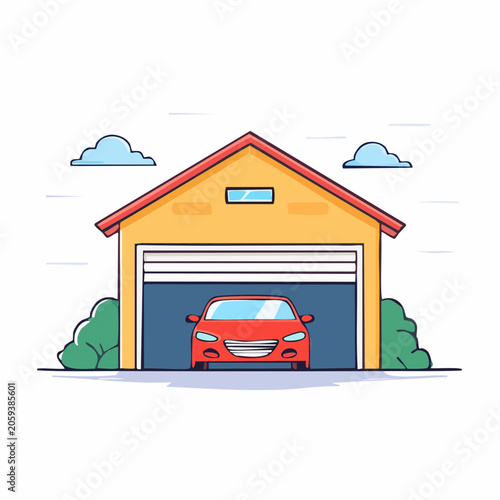 Red car parked in a yellow garage with open door