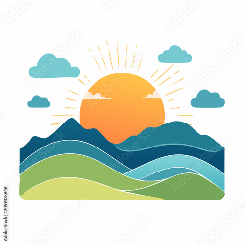 Stylized Sunrise Over Mountains and Hills