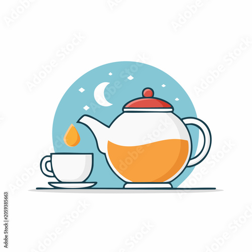 Teapot pouring tea into a cup under a night sky with moon and stars