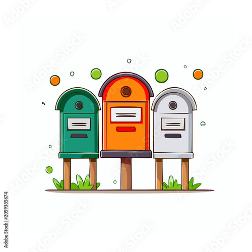 Three colorful mailboxes in flat design style