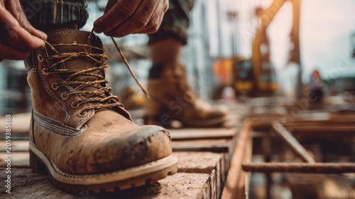 Worker tying bootlace on construction site