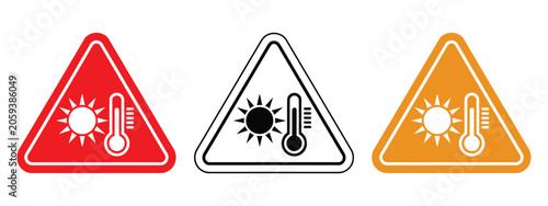 Foto High temperature warning icon set, heat alert symbols, thermometer and heat danger signs, black gray and orange color variation vector illustration
