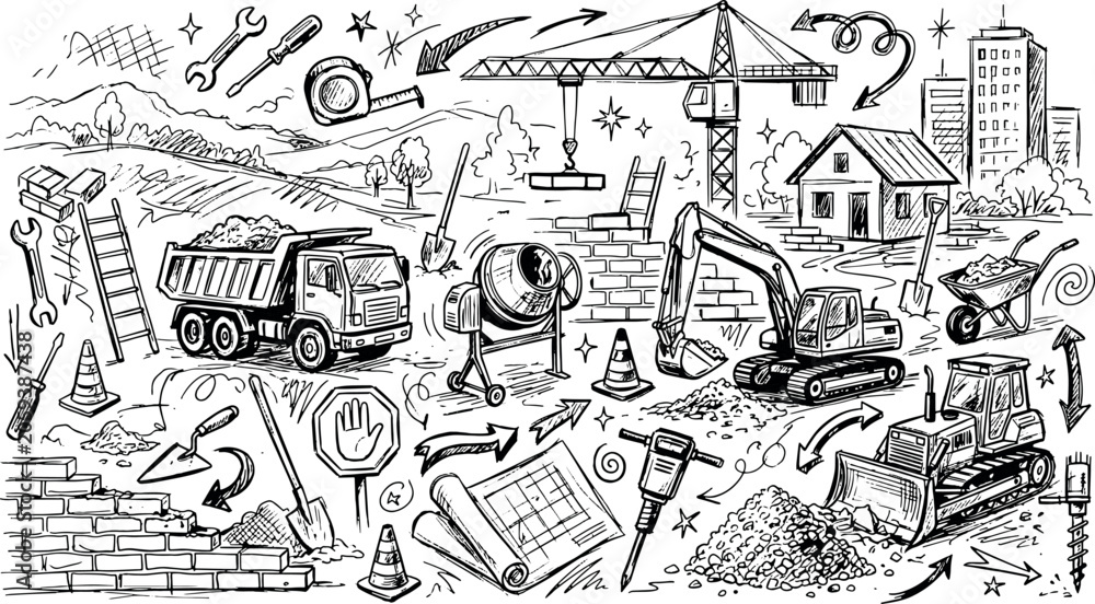 Obraz premium Construction site and engineering development hand-drawn doodle sketches with construction building excavator industry infrastructure engineering architecture development machinery