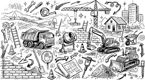 Construction site and engineering development hand-drawn doodle sketches with construction building excavator industry infrastructure engineering architecture development machinery