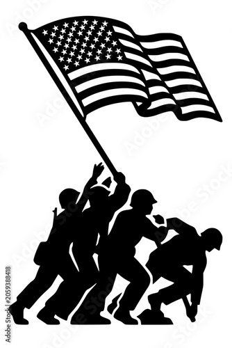 Картината върху платно Vector silhouette of five soldiers raising American flag with stars and stripes