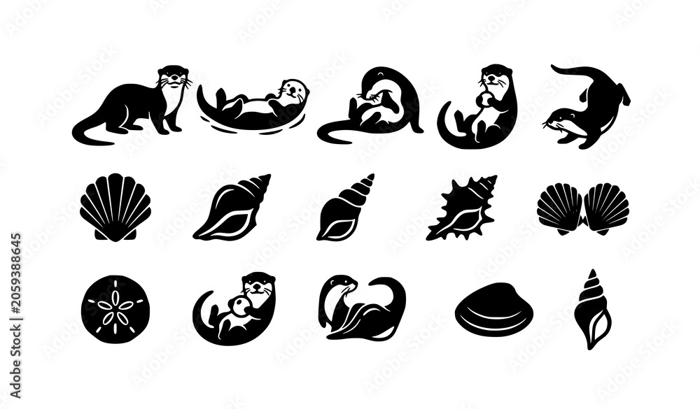 Obraz premium Marine Otter and Seashell Silhouette Collection Black White Vector Illustration