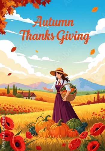 Vibrant Autumn Harvest Illustration: Woman with Basket Amidst Golden Fields & Poppies