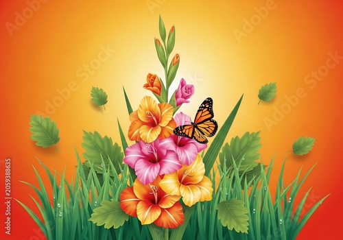 Vibrant Gladiolus Bouquet with Butterfly - Warm Sunset Gradient & Lush Greenery