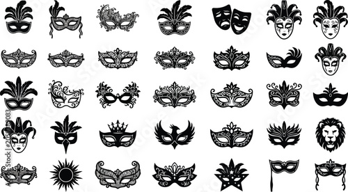 Fotografija Ornate venetian carnival mask silhouettes and theater icons set