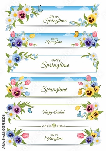 Springtime Bliss: Vibrant Floral Banners with Butterflies & Easter Wishes - Digital Art