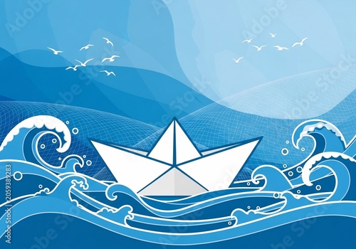 Paper boat sails through vibrant blue waves, a moment of quiet adventure.