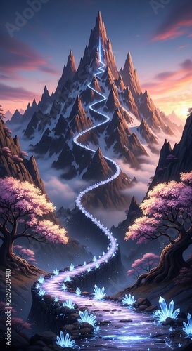Ethereal Peaks: Luminescent Trail to a Crystal Summit Under a Painted Sky.
