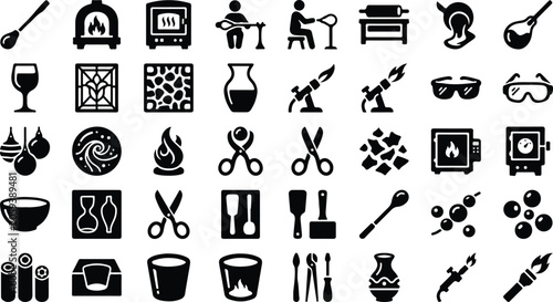 Foto Glassblowing and glassworking craft equipment icons set