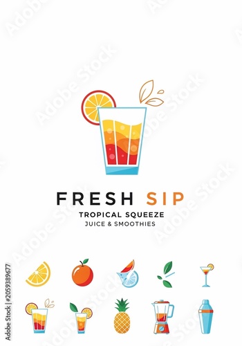 Vibrant Tropical Juice Illustration: Fresh Squeeze Cocktail & Fruit Icons