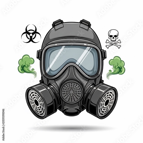 Illustration: Grayscale Gas Mask, Green Toxic Smoke, Biohazard Symbol
