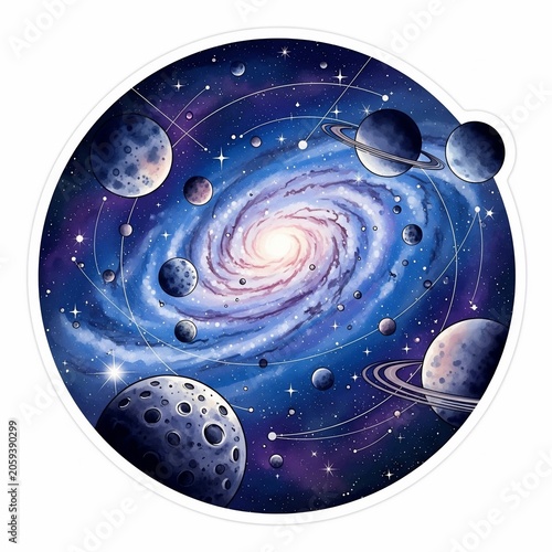 Whimsical watercolor galaxy: swirling nebulae, vibrant planets, and cosmic glow.