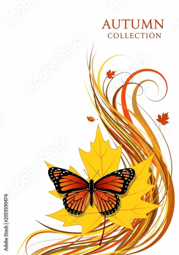 Vibrant Monarch Butterfly on Golden Autumn Leaf, Swirling Amber Accents - Digital Art
