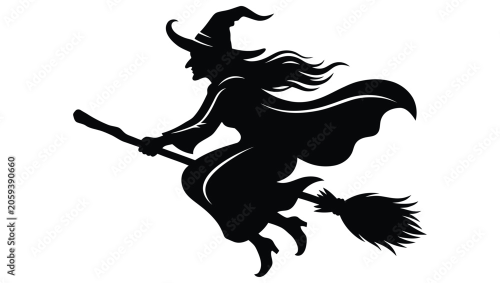 Fototapeta premium Silhouette of a witch flying on a broomstick