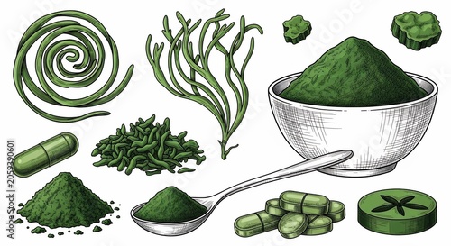 Vibrant Green Spirulina: Spirals, Powder, and Capsules - Detailed Hand-Drawn Illustration
