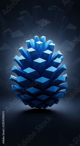 Radiant Blue Pinecone Sculpture: Luminescent Geometric Forms Glow in Moody Digital Depth