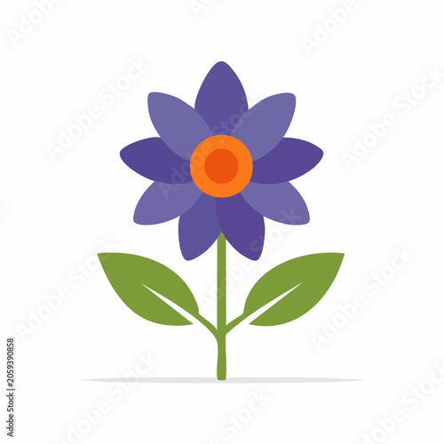 Flat design illustration of a purple flower with orange center and green leaves