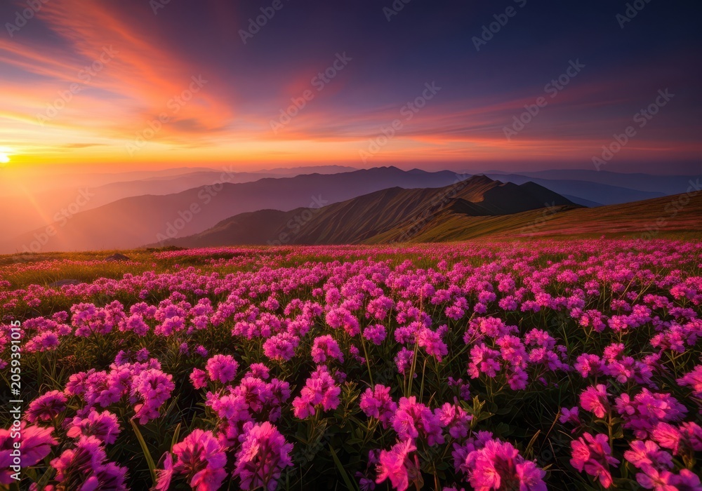 Obraz premium Pink and purple pixel art sunset over blooming flowers in spring field