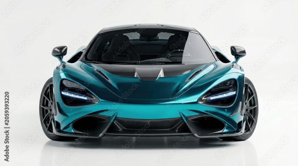 Naklejka premium Turquoise sports car front view with sharp LED headlights against a clean white studio background
