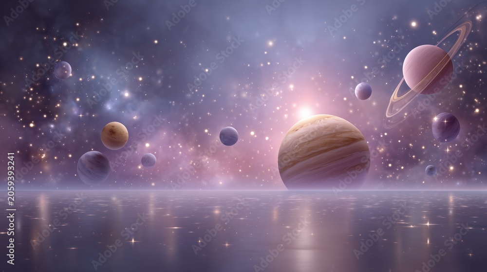 Naklejka premium Expanding horizons in hybrid work as a lone explorer gazes at a serene cosmic seascape reflecting growth and limitless career possibilities.