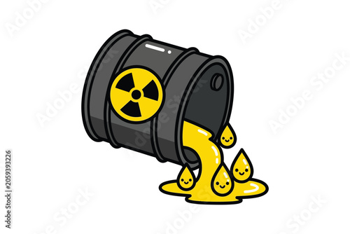 Radioactive waste barrel icon with cute smiling liquid drops. Cartoon environmental hazard vector illustration with bold outline, suitable for ecology, pollution awareness, toxic waste concepts, indus